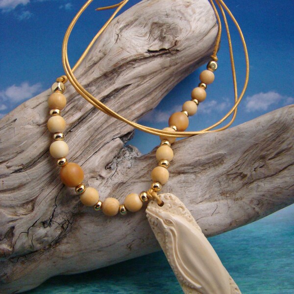 Hump-Back Whale - Hand Carved Fossil Mammoth Tusk Ivory Pendant - Fossil Ivory Pre Ban Beads - 14kt. Gold fill Beads - One of a Kind Jewelry