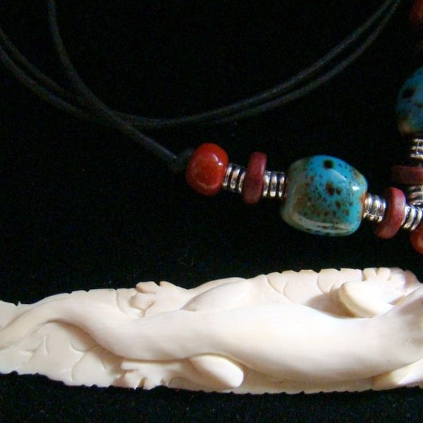 Fossil Walrus Ivory Lizard or Gecko - 2 Ruby Gen Eyes - Pendant and Raku Ceramic Bead Necklace