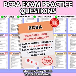 May include: A spiral-bound study guide for the BCBA exam. The cover is orange with the text "BCBA Board Certified Behavior Analyst" and "Exam Practice Questions." The guide includes 520+ fully hyperlinked questions with rationales. The image also includes the text "10+ Topics," "132+ Pages," and "Updated 2026."