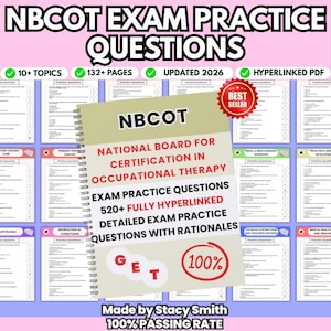 Könnte beinhalten: Ein spiralgebundenes Lernbuch für die NBCOT-Prüfung. Das Cover zeigt das NBCOT-Logo und den Text: "National Board for Certification in Occupational Therapy." Das Buch enthält Übungsfragen, ist vollständig verlinkt und hat eine 100%ige Erfolgsquote.
