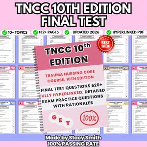 Op de afbeelding: Een roze en wit spiraalgebonden boek met de titel "TNCC 10th Edition Final Test" met de tekst "Trauma Nursing Core Course, 10th Edition". Het boek bevat meer dan 520 eindtoetsvragen en een slagingspercentage van 100%.