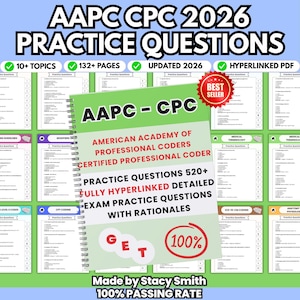 May include: A spiral-bound study guide titled "AAPC CPC 2026 Practice Questions." The cover features the text "American Academy of Professional Coders Certified Professional Coder." Includes 520+ practice questions, updated for 2026, and a 100% passing rate.