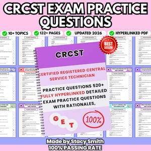 Op de afbeelding: Een spiraalgebonden studieboek voor het CRCST-examen, met een paarse omslag en de titel "CRCST Exam Practice Questions". De gids bevat meer dan 520 oefenvragen, is bijgewerkt voor 2026 en is een hyperlink-PDF. De omslag vermeldt ook "100% Passing Rate."