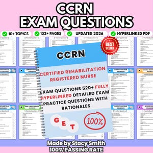 May include: A study guide for the CCRN exam, featuring a light blue cover with the text "CCRN CERTIFIED REHABILITATION REGISTERED NURSE". The guide contains over 520 exam questions, updated for 2026, and is a hyperlinked PDF.