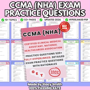 Peut inclure: Un guide d'étude relié en spirale pour l'examen CCMA (NHA). La couverture rose et blanche affiche "CCMA (NHA) EXAM PRACTICE QUESTIONS". Il comprend 10+ sujets, 132+ pages et est mis à jour pour 2026. Il s'agit d'un PDF hyperlié.
