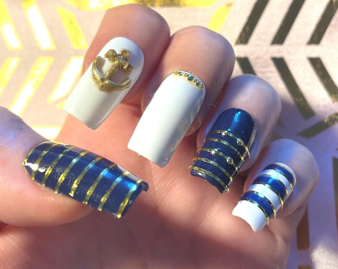 24 pieces. Sailor. Medium square navy blue, white, gold. 12 sizes from 0 to 11. Reusable, Press-on nails, false nails. Glossy finish