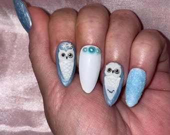 Kit 24 pieces. An owl in winter. Reusable. Press-on nails, false nails, shiny and matte, frosted blue, pearly and white. Sizes 0 to 9