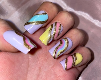 Abstract colorful pink blue yellow and copper, false nails, press on nails. Reusable. Glossy finish
