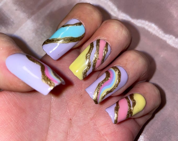 Abstract colorful pink blue yellow and copper, false nails, press on nails. Reusable. Glossy finish
