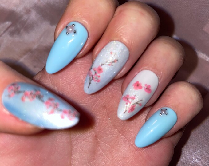 Small cherry blossoms, blue, white, pink with rhinestones. Reusable, Press-on nails, false nails. Glossy finish