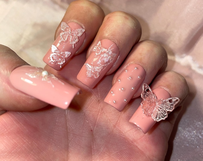 Glittery butterflies, tone-on-tone pink, embossed, with pearls. Reusable, Press-on nails, false nails. Glossy finish