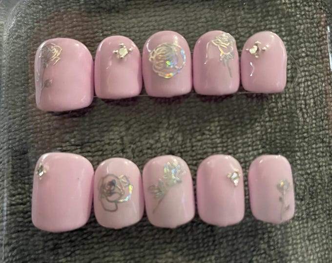 Holographic pink, reusable, press-on nails, false nails, pink and rhinestones. Glossy finish.