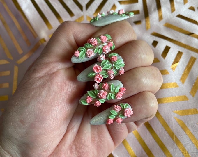 Flowering branches. Pink flowers and green leaves. Reusable, Press-on nails, false nails. Glossy finish.