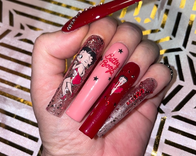 Set 24 pieces. Betty Boop, red, pink and pink glitter with rhinestones and bows. Reusable, Press-on nails, false nails. Glossy finish