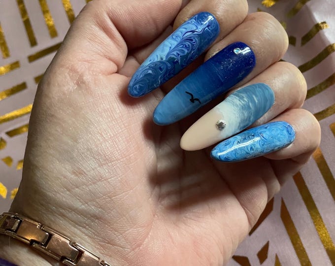 Beach with palm trees, star and shell. Reusable, Press-on nails, false nails. Matte and glossy finish.
