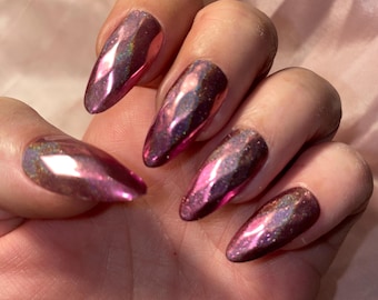 Two-tone faceted chrome pink, reusable, press-on nails, false nails, glossy finish.