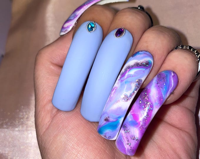 20pcs Long Curved Nails Kit. Purple, Pink, Blue Marble. Reusable, Press-on Nails, False Nails. Glossy and Matte Finish