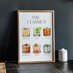 Póster de cócteles, arte mural para bar, decoración de bar, impresión de bar, póster de cocina, cócteles clásicos, negroni, mojito, whisky, Old Fashioned, sin marco