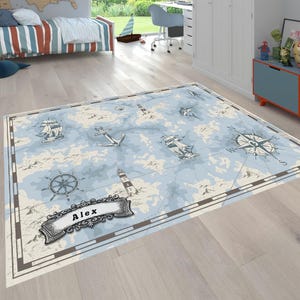 Tapis personnalisé pour enfants, tapis carte nautique, tapis de chambre d'enfants, tapis explorateur d'océan, tapis voyage en mer, décoration de chambre d'enfants, cadeaux pour enfants, tapis boussole côtière
