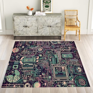 May include: A black and purple area rug with a geometric design of circuit boards and other technical elements in shades of green, pink, and white.