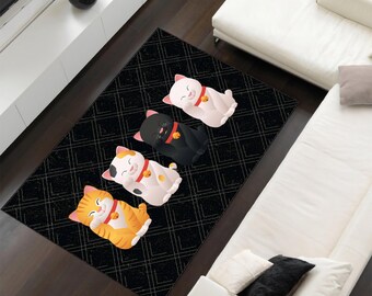 Kawaii Cat Rug: Colorful Cartoon Lucky Cats, Washable Entryway Rug