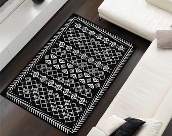Black and White Tribal Area Rug: Washable Bohemian Floor Mat