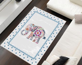 Boho Elephant Rug: Mandala Floral, Washable Kids Room Decor