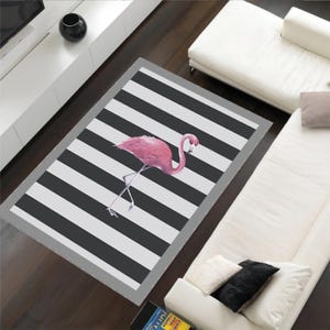 Pink Flamingo Rug – Modern Striped Flamingo Floor Mat | Washable Tropical Bird Rug for Entryway, Summer Decor or Housewarming Gift