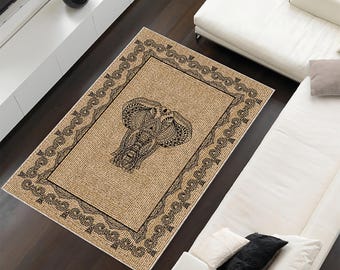 Mandala Elephant Area Rug: Boho Tribal Style, Washable