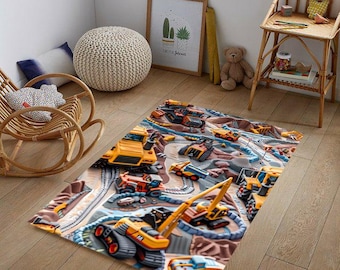 Construction Vehicles Play Mat: Kids Room Rug, Excavator, Truck.