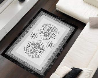 Tribal Style Rug – Washable Black - White Aztec Area Rug for Boho & Rustic Interiors