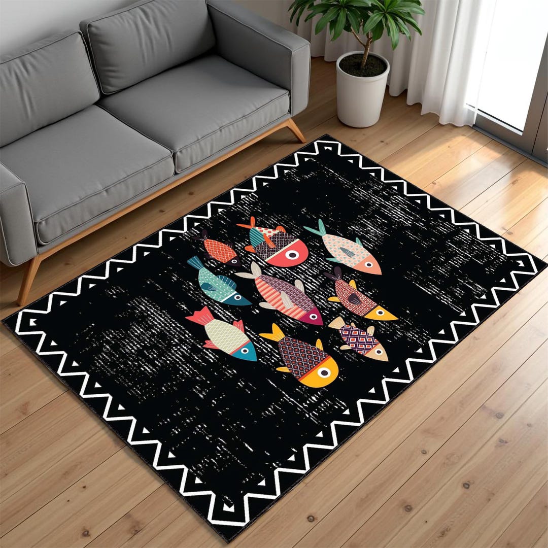 Large Fis Rug Abstract Fish Pattern Rug: Modern Coastal Decor - Etsy