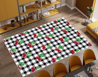 Cherry Rug | Retro Kitchen Decor & Vintage Fruit Pattern Area Rug,  Washable Country Style Carpet