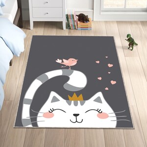 Bonita alfombra de dibujos animados con gato y pájaro sonrientes, ideal para decorar habitaciones de bebés, niños, guarderías y salas de juegos.