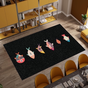 Colorful Fish Rug: Marine Beach House Style, Washable Kitchen Rug