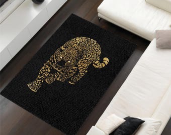 Black and Gold Leopard Rug: Washable Jungle Animal Print