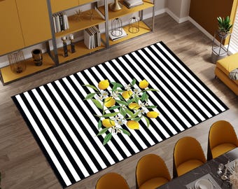 Tapete Limão: Tapete de Cozinha Listrado Preto e Branco, Decoração Floral Cítrica