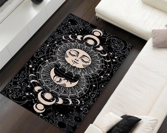 Celestial Sun & Moon Rug: Boho Starry Design, Non-Slip