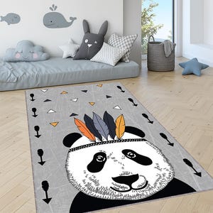 Alfombra tribal de panda: adorable decoración para habitación infantil, lavable, con diseño de panda de dibujos animados, ideal para niños pequeños.