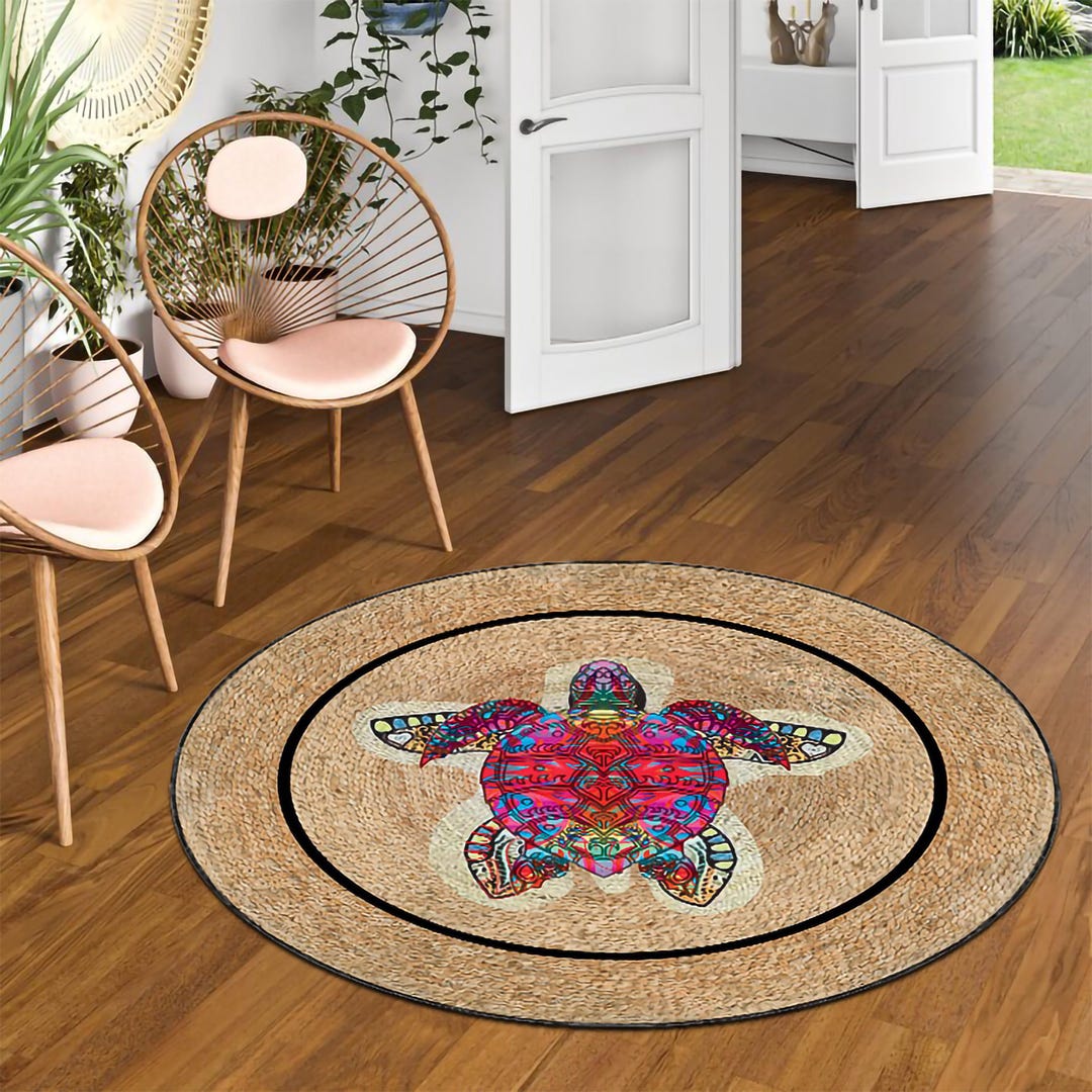 Turtle Rug Cream Round Boho Sea Turtle Rug: Colorful Mandala Design, Washable - Etsy