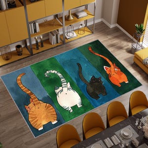 Alfombra lavable colorida y divertida con dibujos de gatos, ideal como regalo para amantes de los gatos.