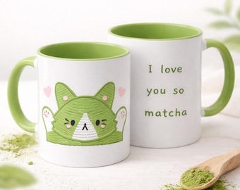 Matcha Cat Ceramic Mug, Kawaii Tea Cup, Gift for Her