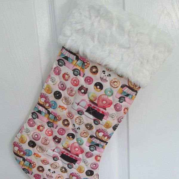 DoNut Doughnut pastry sweets food truck Christmas stocking lined and quilted white fur top