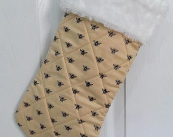 Honey bees Christmas stocking lined and quilted with white fur top
