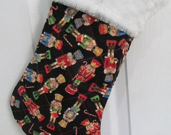 Nutcrackers Soldiers candy canes Christmas stocking lined and quilted white fur top