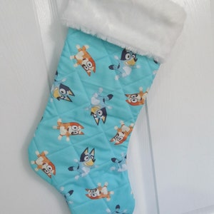 Bluey dogs Christmas stocking lined and quilted white fur top