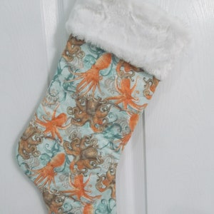 Coastal Octopus squid sea life underwater Christmas stocking lined and quilted white faux rabbit fur top