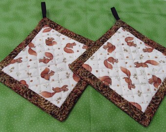 Squirrels and pinecones quilted Hand craftedPotholders
