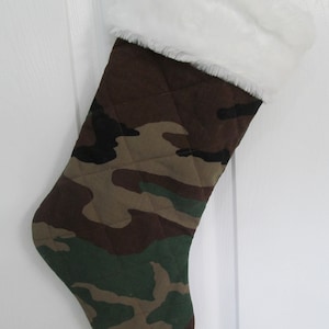 BDU Camo  ARMY Air Force  Christmas stocking lined and quilted with white faux rabbit fur top