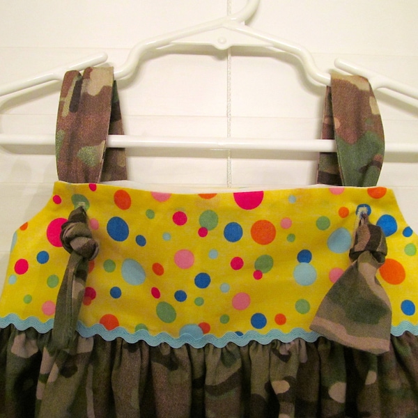 Authentic Multicam fabric childs knot dress & hairbow with yellow fabric trim perfect for deployment pictures